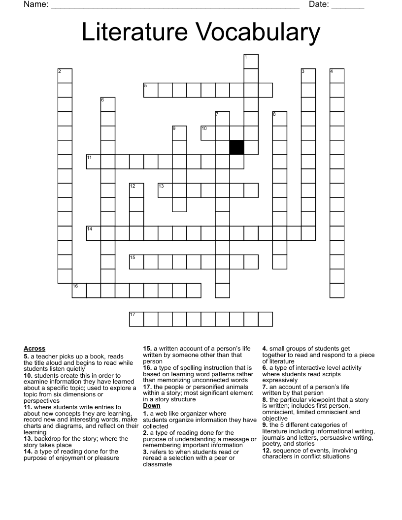 Literature Vocabulary Crossword