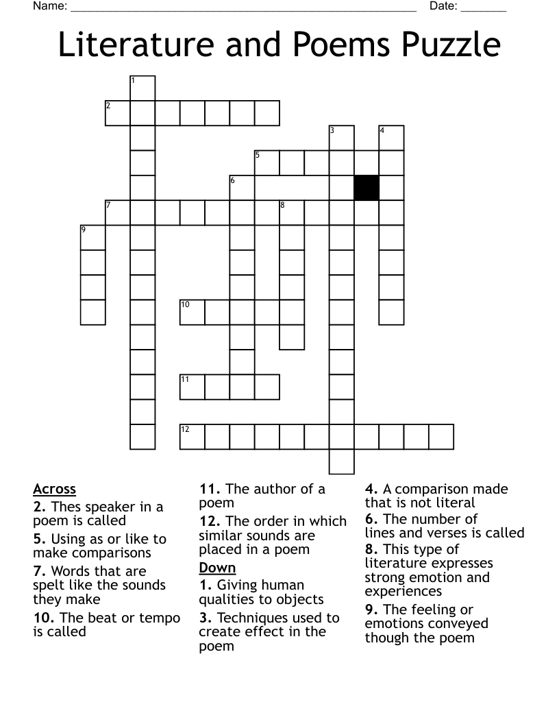 Literature and Poems Puzzle Crossword