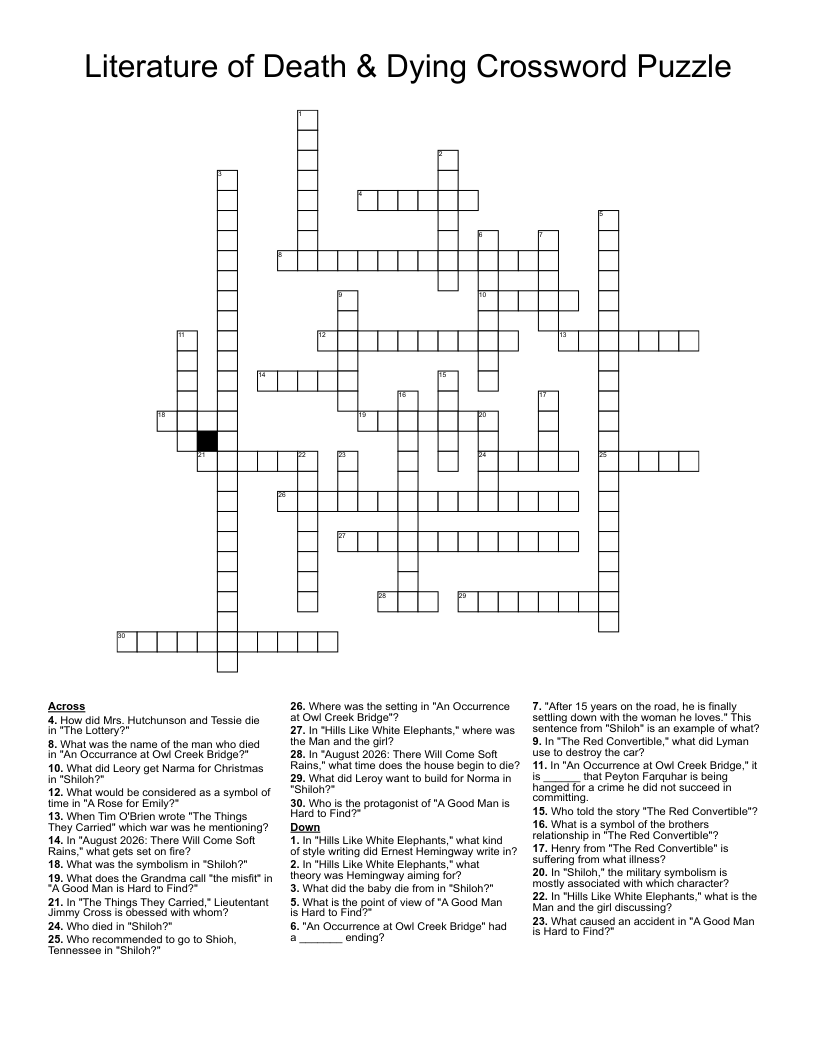 Literature of Death & Dying Crossword Puzzle