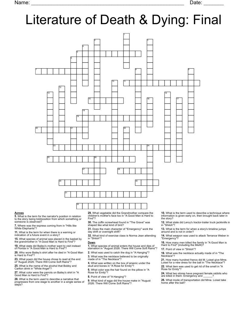 Literature of Death & Dying: Final Crossword