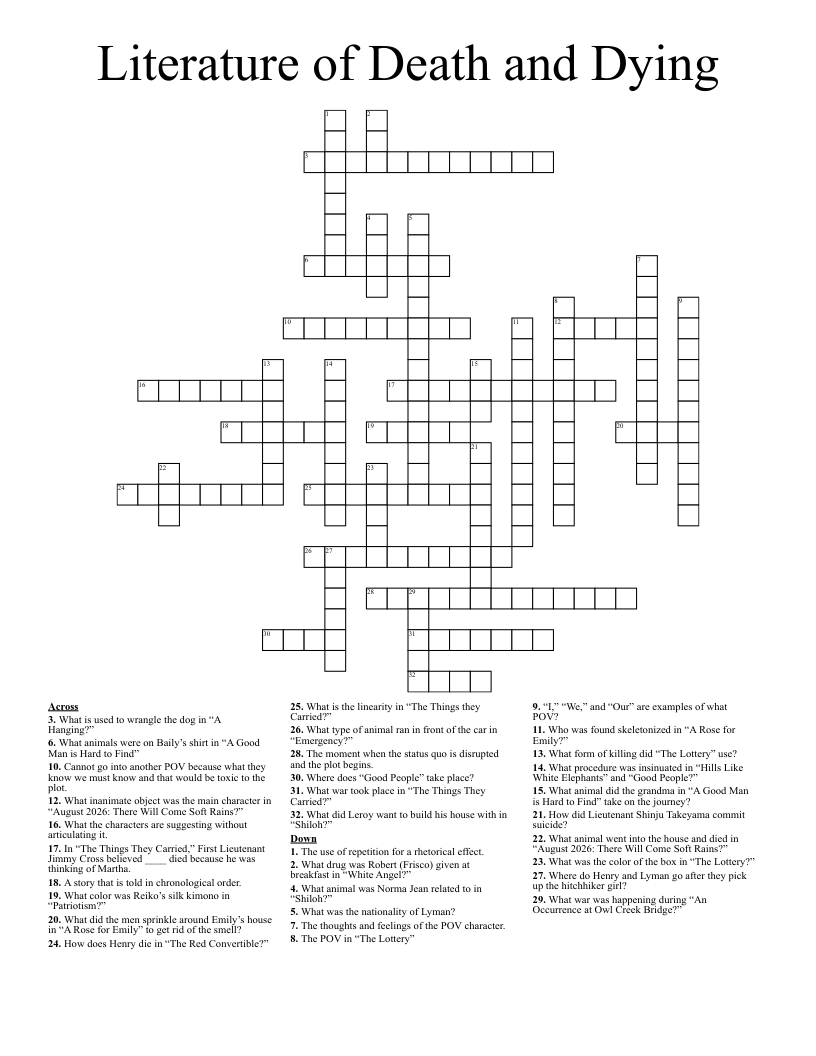 Literature of Death and Dying Crossword