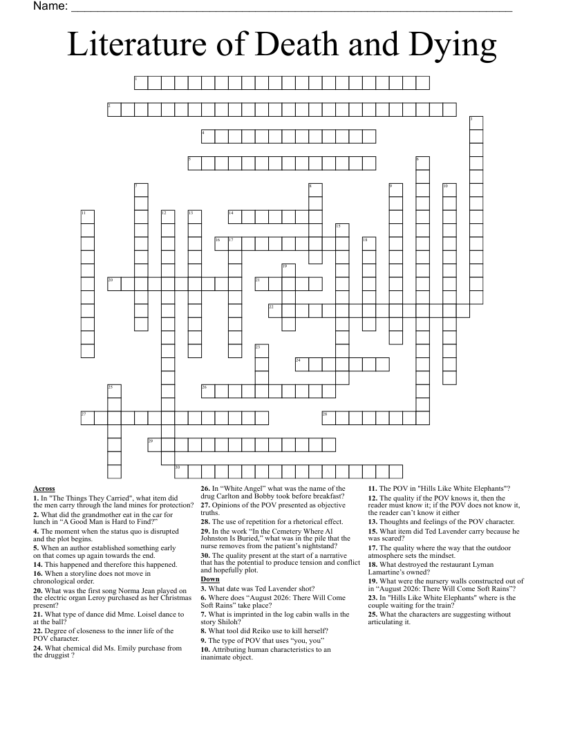 Literature of Death and Dying Crossword