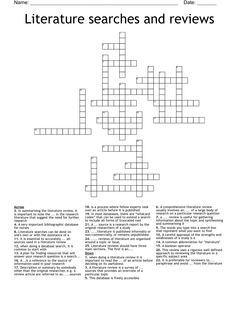 Literature searches and reviews Crossword
