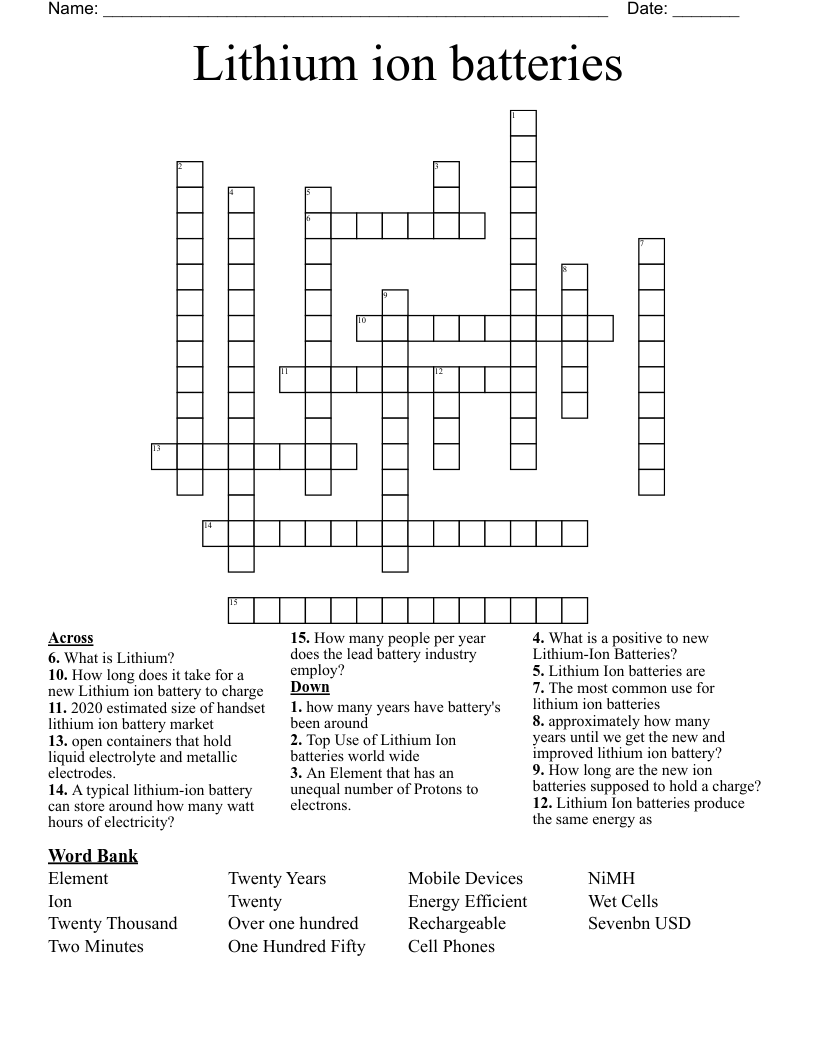Lithium ion batteries Crossword