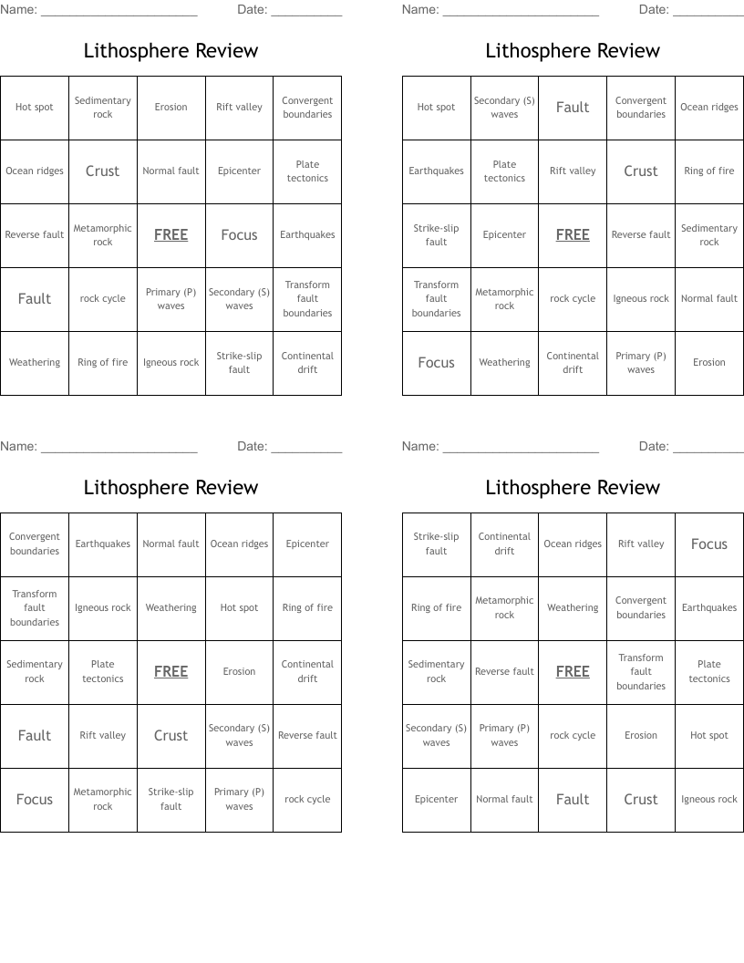 Lithosphere Review Bingo Cards