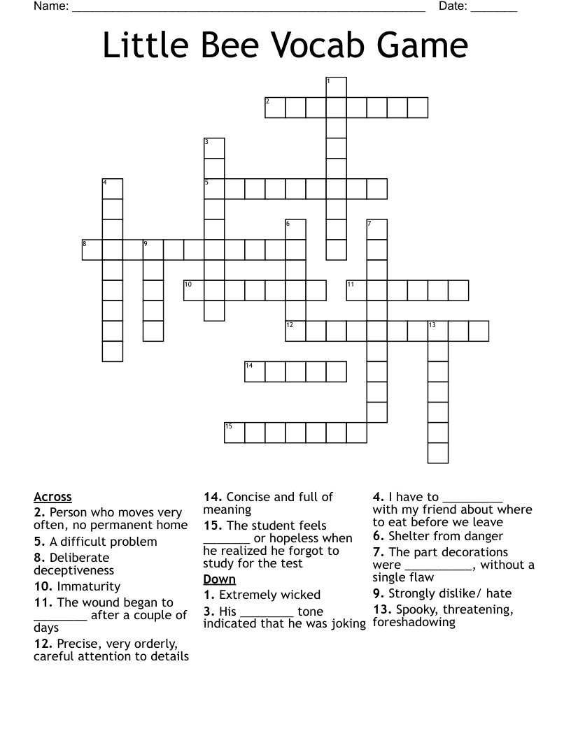 Little Bee Vocab Game Crossword