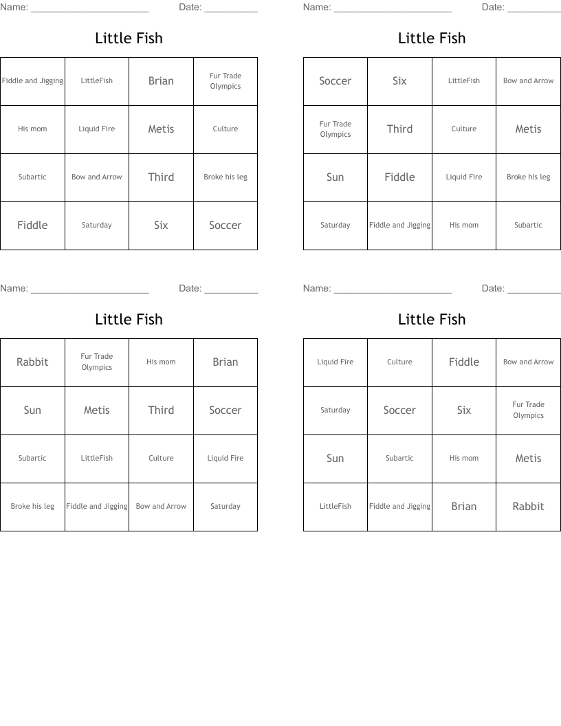 Little Fish Bingo Cards