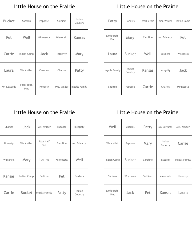 Little House on the Prairie Bingo Cards