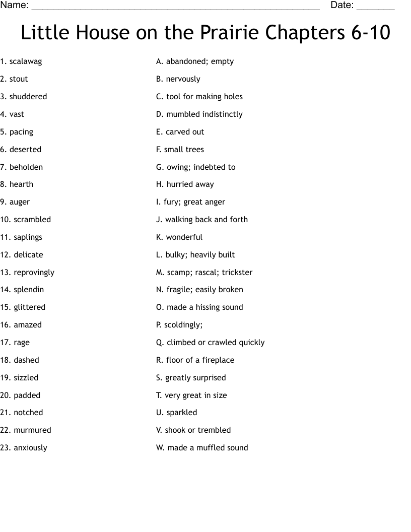 Little House on the Prairie Chapters 6-10 Worksheet