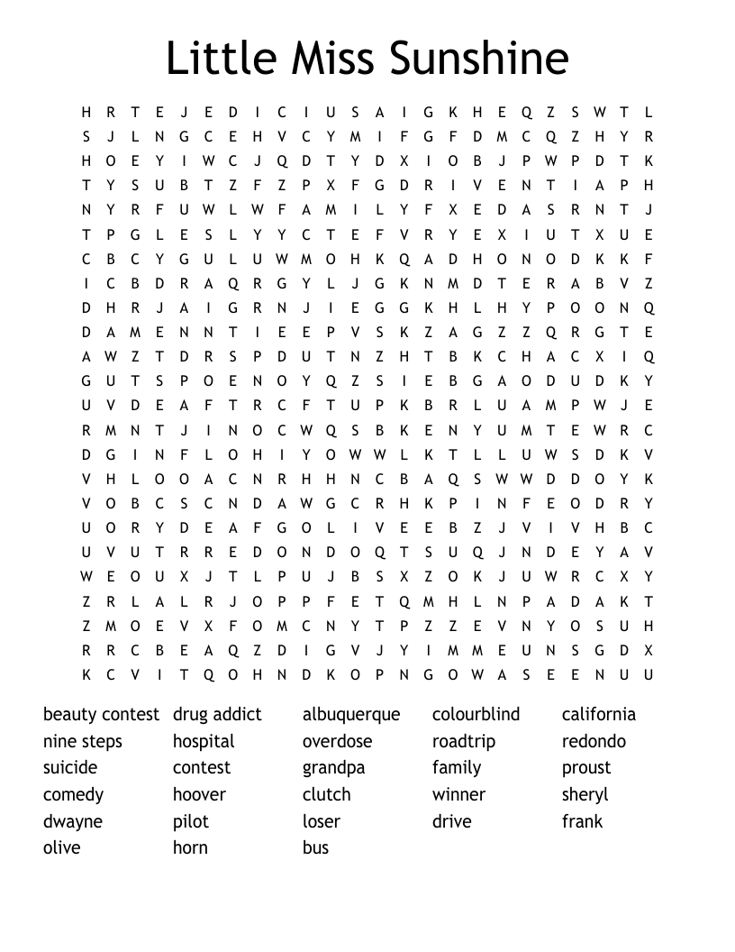 Little Miss Sunshine Word Search