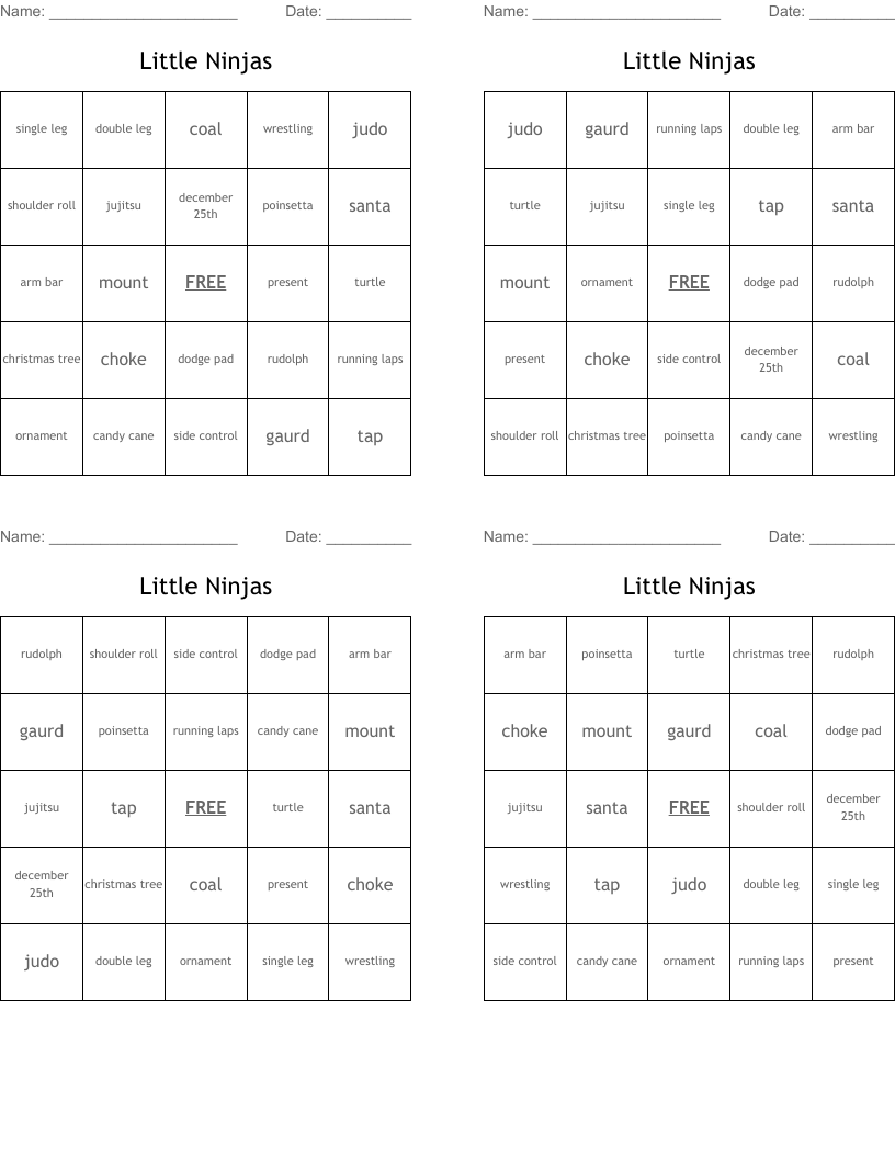 Little Ninjas  Bingo Cards