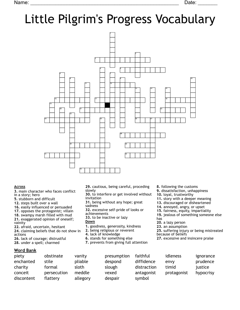 Little Pilgrim's Progress Vocabulary Crossword