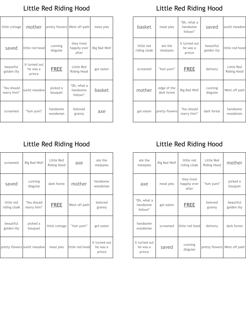 Little Red Riding Hood Bingo Cards
