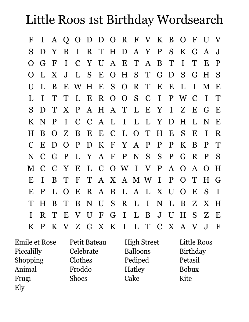 Little Roos 1st Birthday Wordsearch