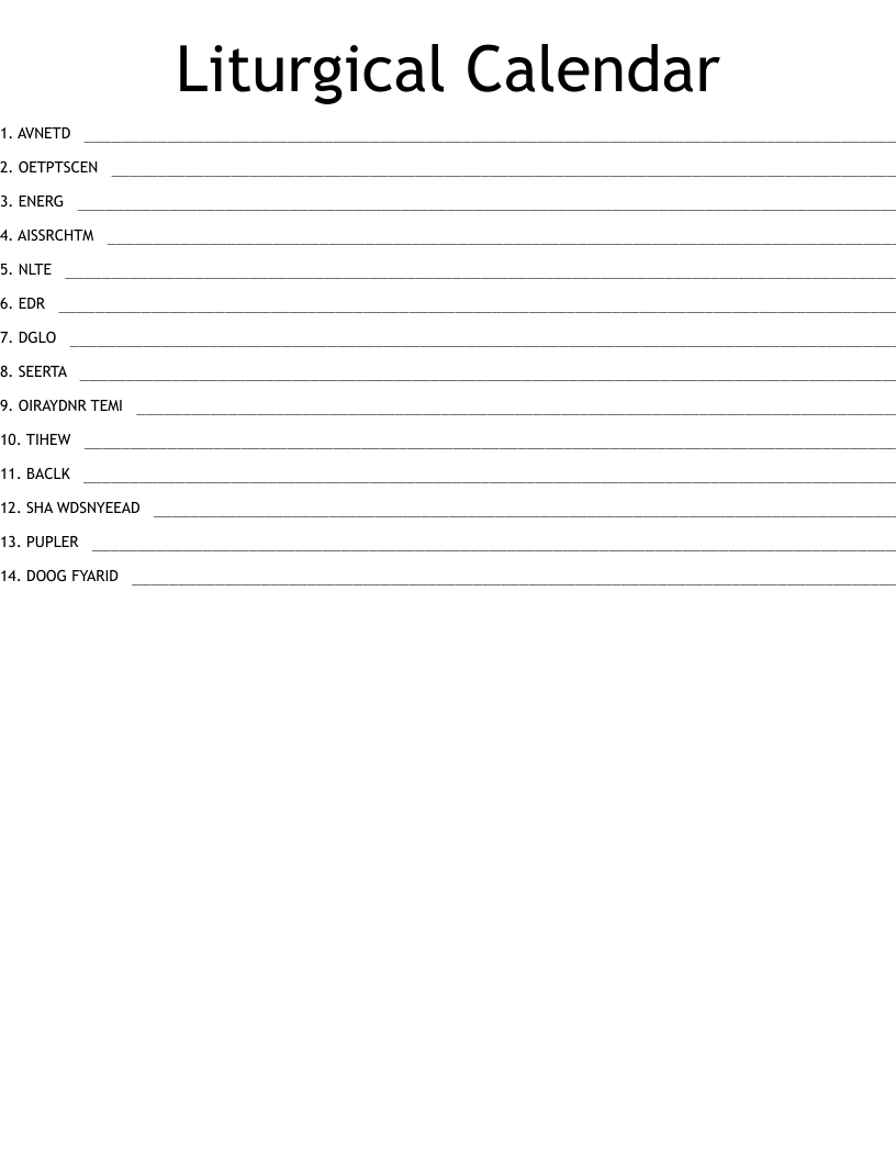 Liturgical Calendar Word Scramble