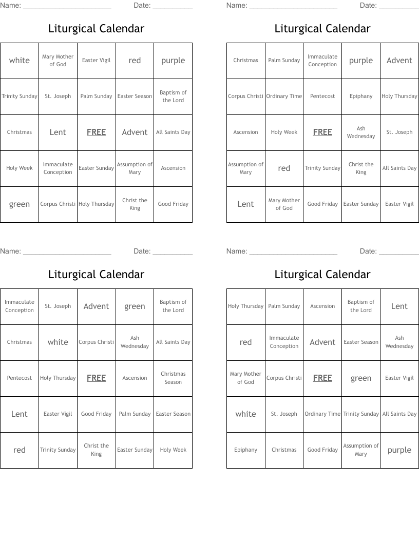 Liturgical Calendar Bingo Cards