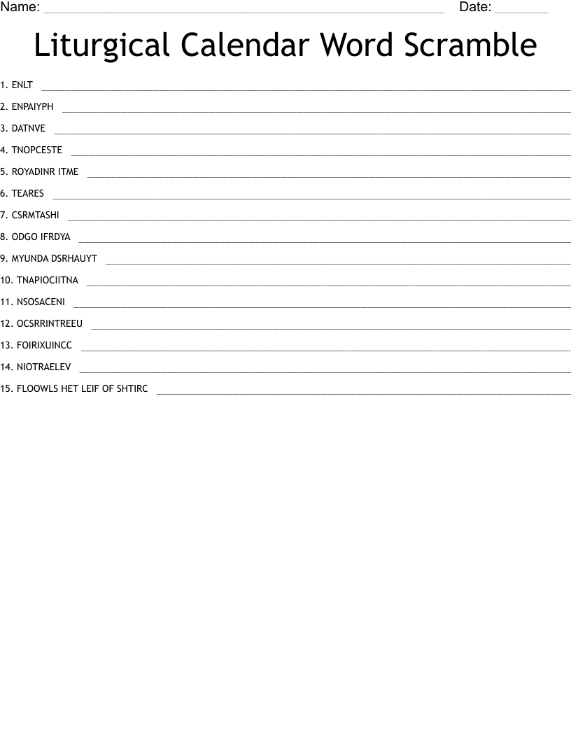 Liturgical Calendar Word Scramble 