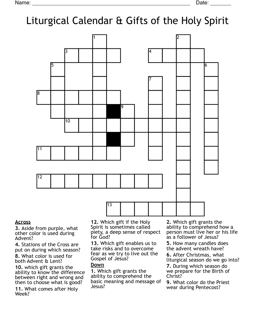 Liturgical Calendar & Gifts of the Holy Spirit Crossword