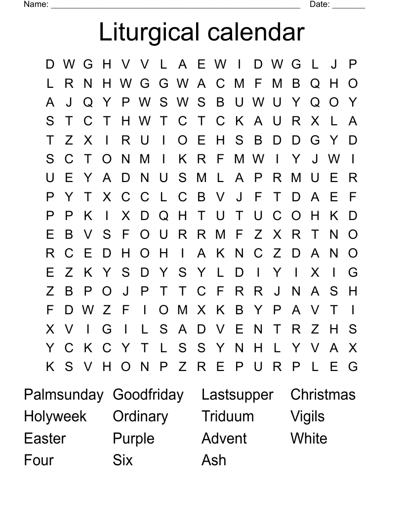 Liturgical calendar Word Search