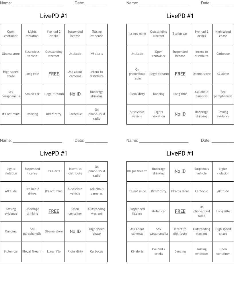 LivePD #1 Bingo Cards