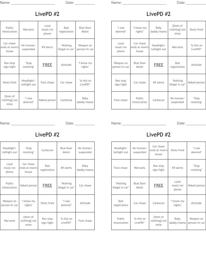 LivePD #2 Bingo Cards