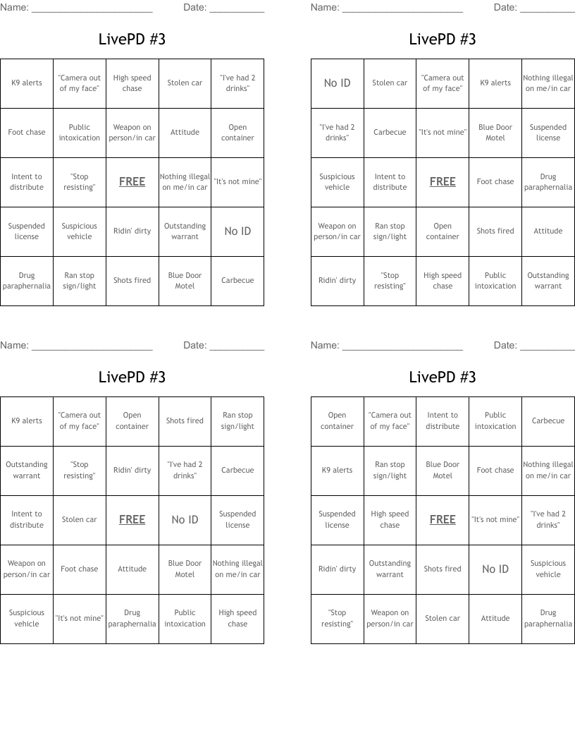 LivePD #3 Bingo Cards