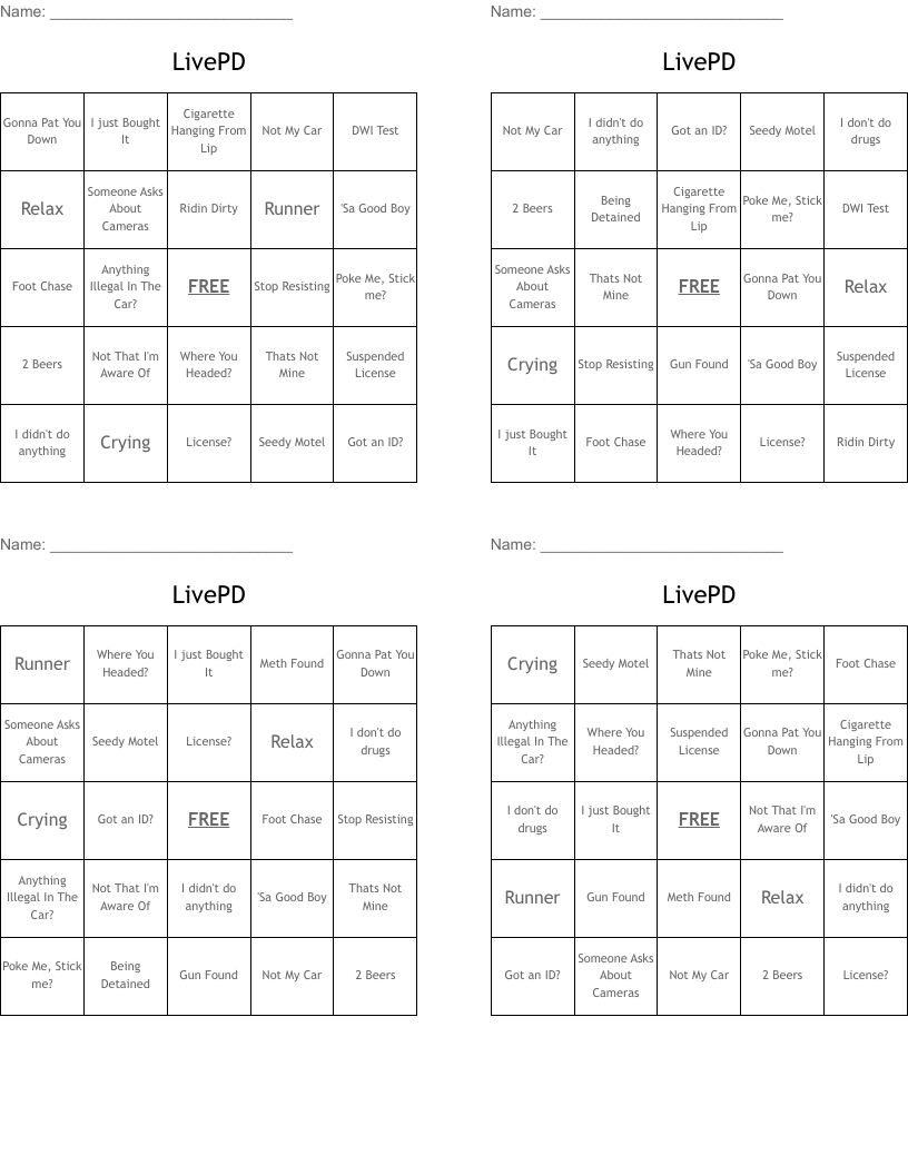 LivePD Bingo Cards