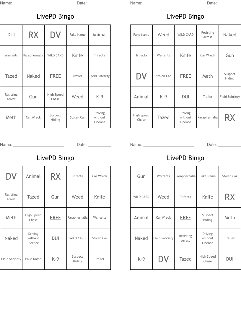 LivePD Bingo