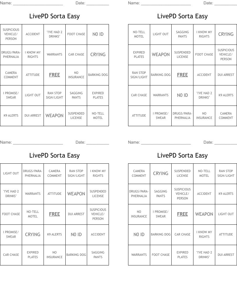 LivePD Sorta Easy Bingo Cards