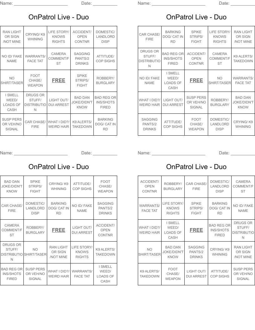 OnPatrol Live - Duo Bingo Cards
