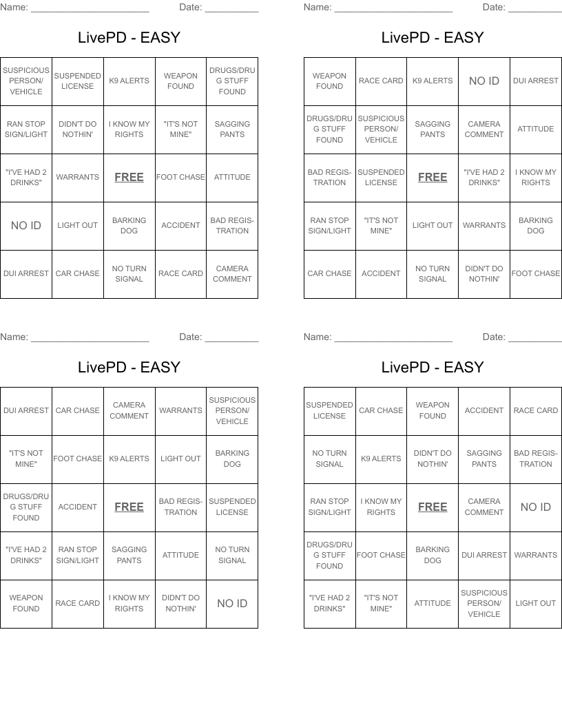 LivePD - EASY Bingo Cards