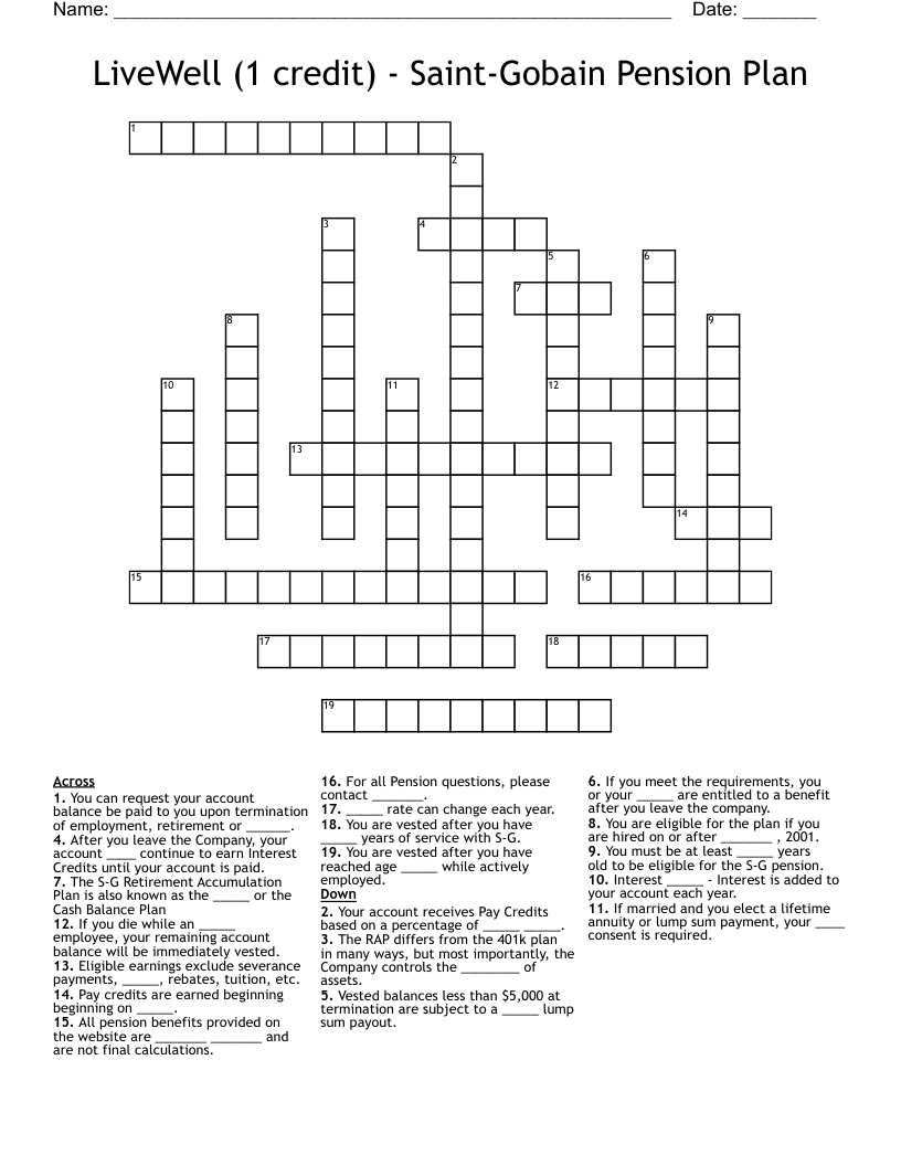 LiveWell (1 credit) - Saint-Gobain Pension Plan Crossword