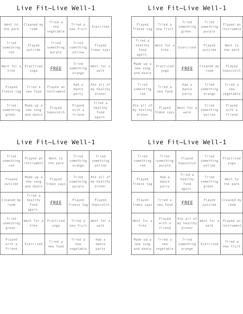 Live Fit~Live Well-1 Bingo Cards