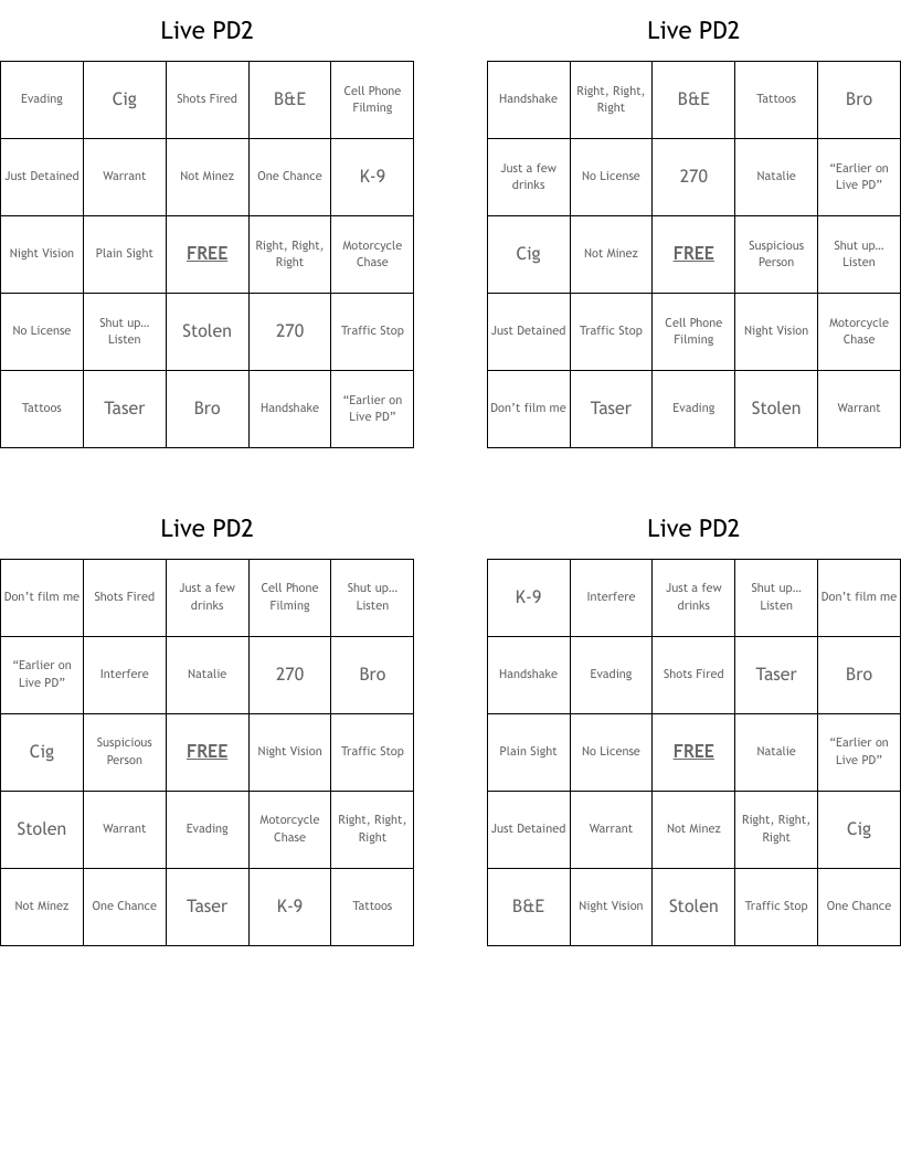Live PD2 Bingo Cards