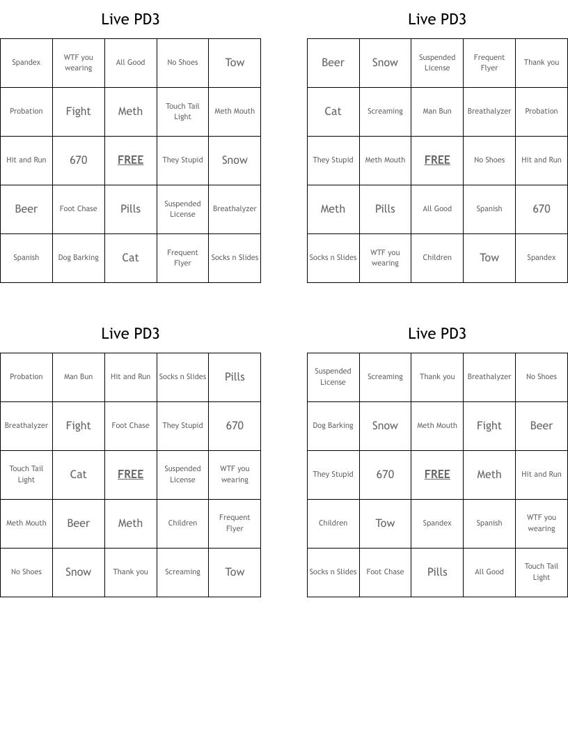 Live PD3 Bingo Cards