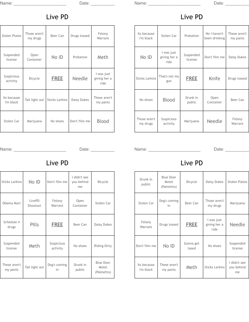 Live PD Bingo Cards