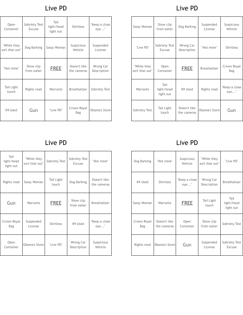 Live PD Bingo Cards