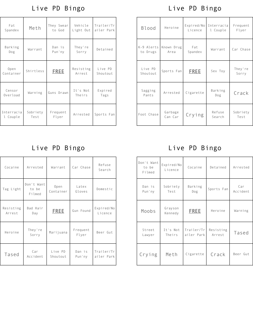 Live PD Bingo