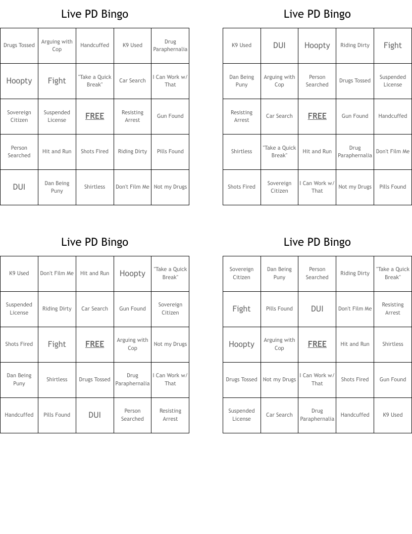 Live PD Bingo