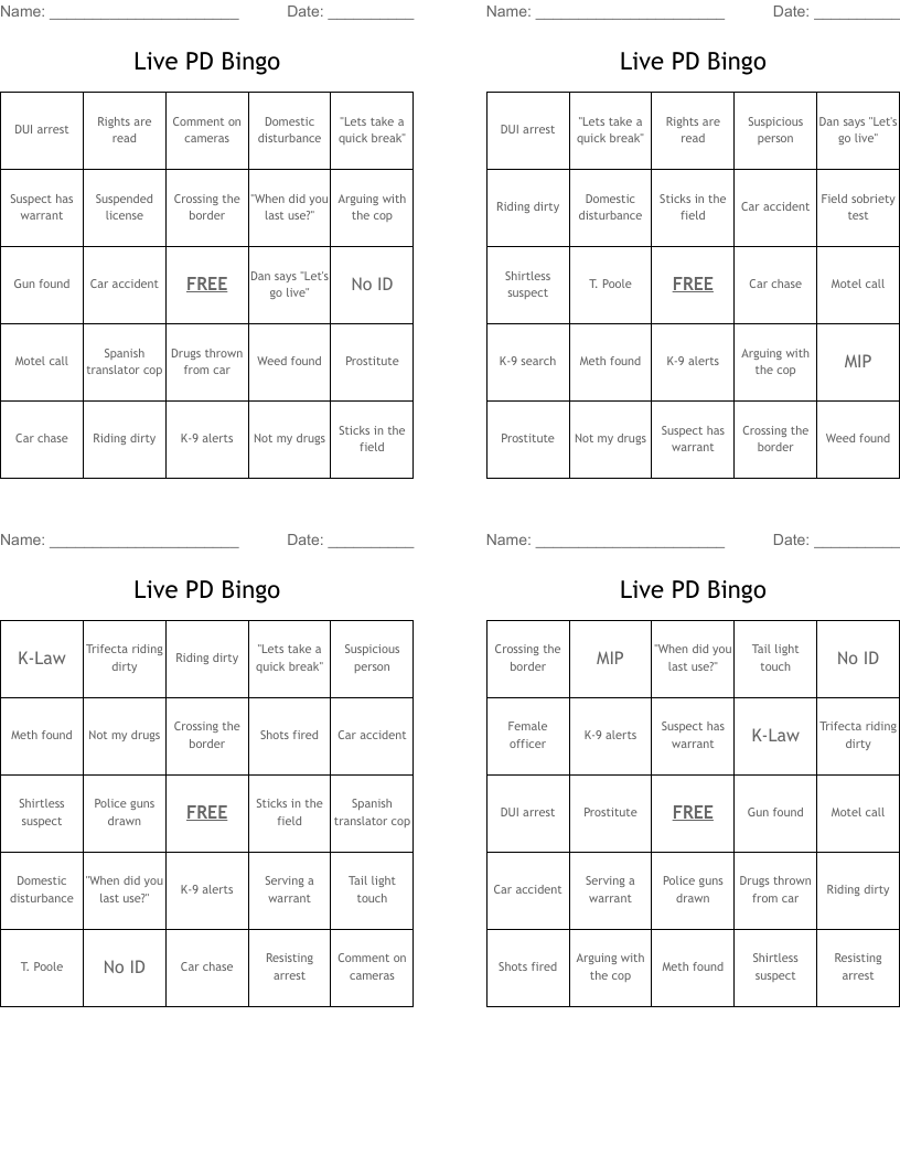 Live PD Bingo