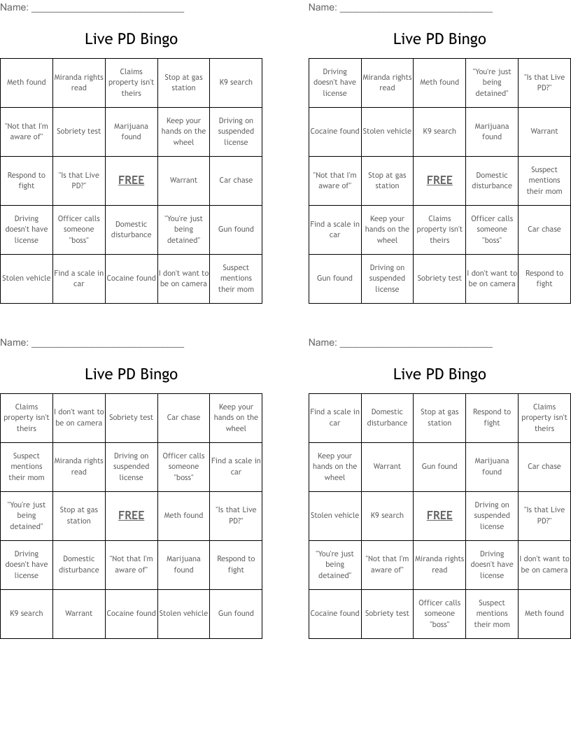 Live PD Bingo