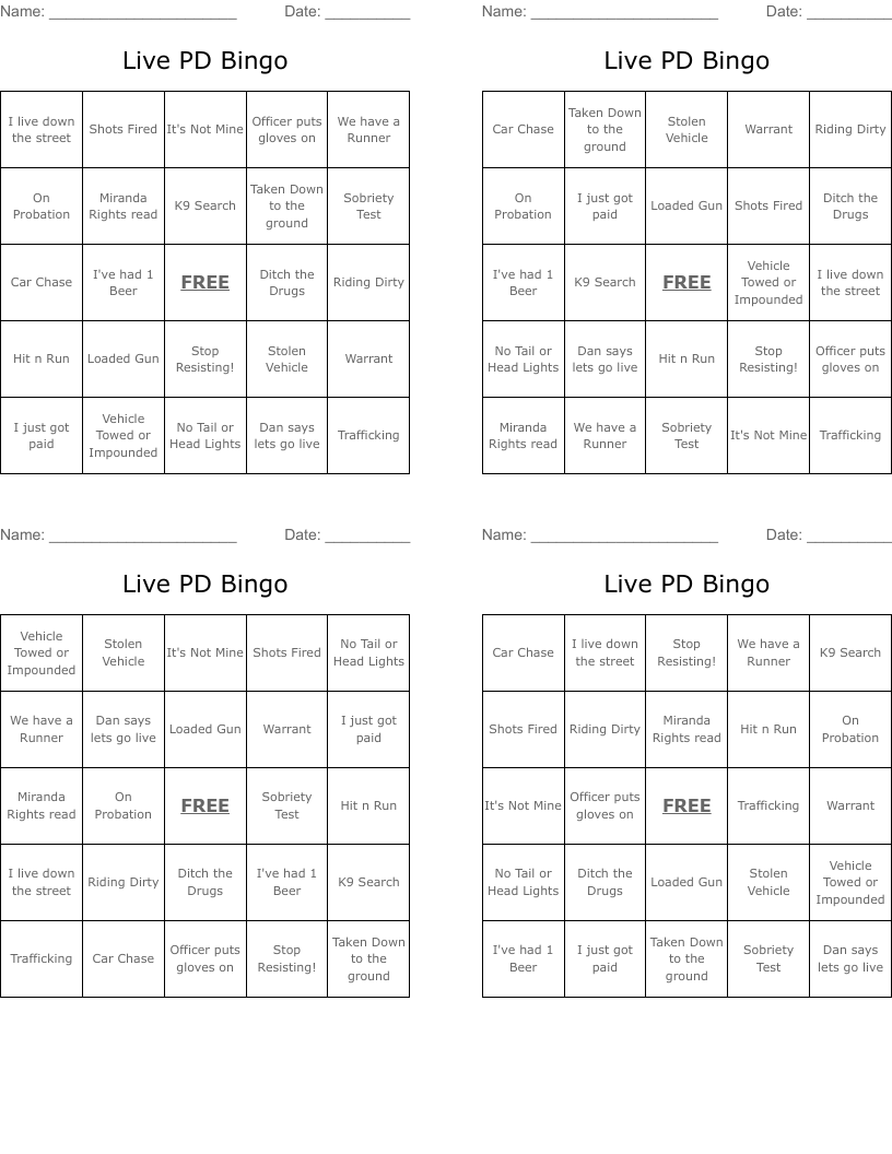 Live PD Bingo 