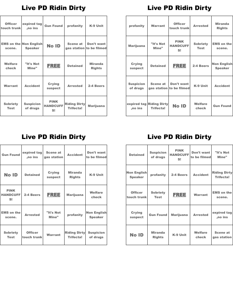Live PD Ridin Dirty Bingo Cards