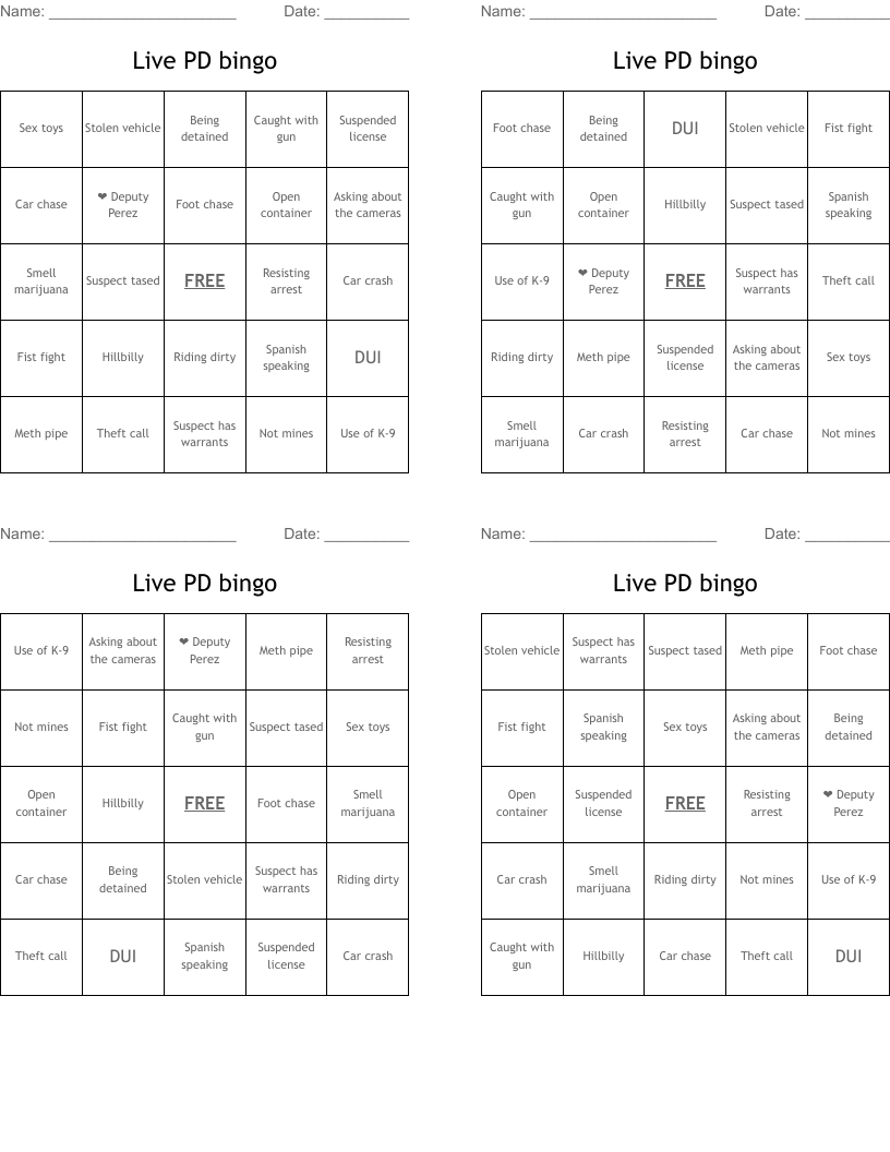 Live PD bingo