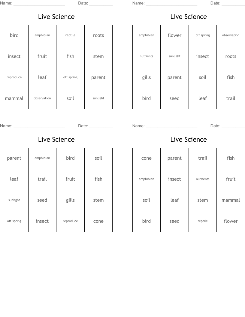 Live Science  Bingo Cards