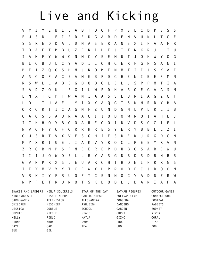 Live and Kicking Word Search
