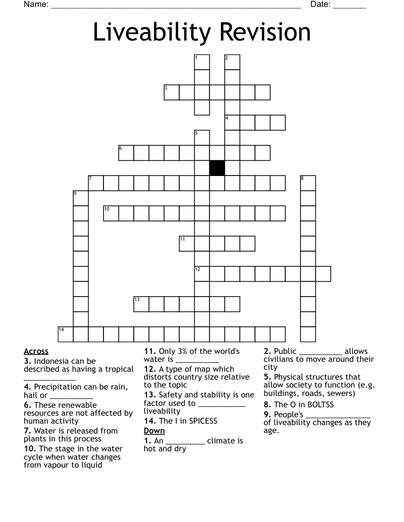 Liveability Revision Crossword