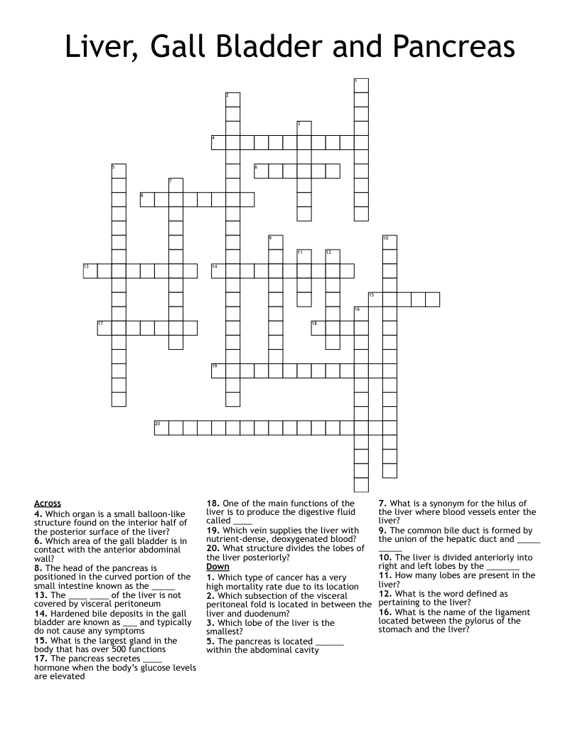 Liver, Gall Bladder and Pancreas  Crossword