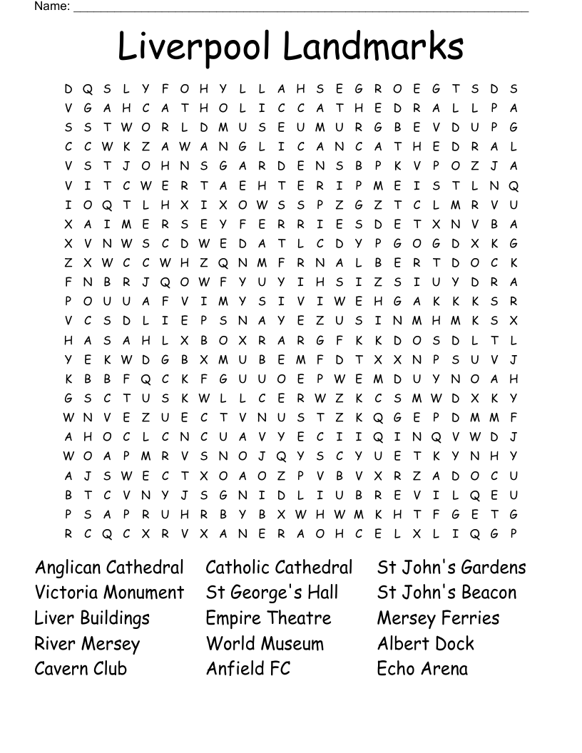 Liverpool Landmarks  Word Search