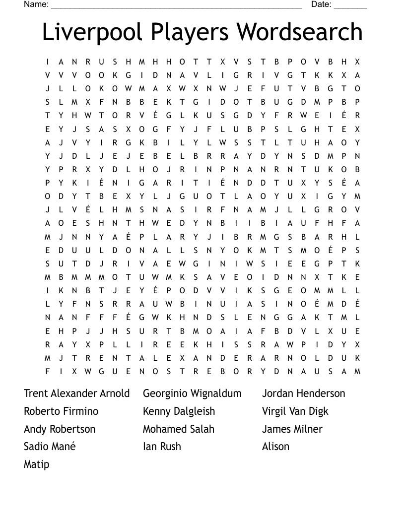 Liverpool Players Wordsearch